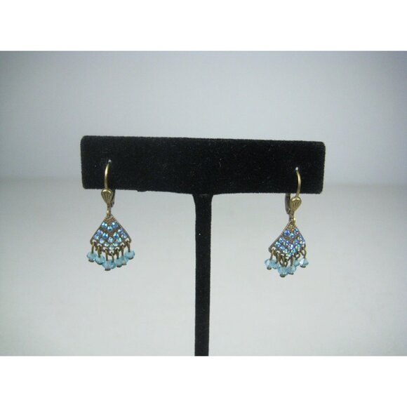 Vintage Blue Rhinestone Bead Dangle Earrings Chandelier Boho Victorian Style - Picture 3 of 7